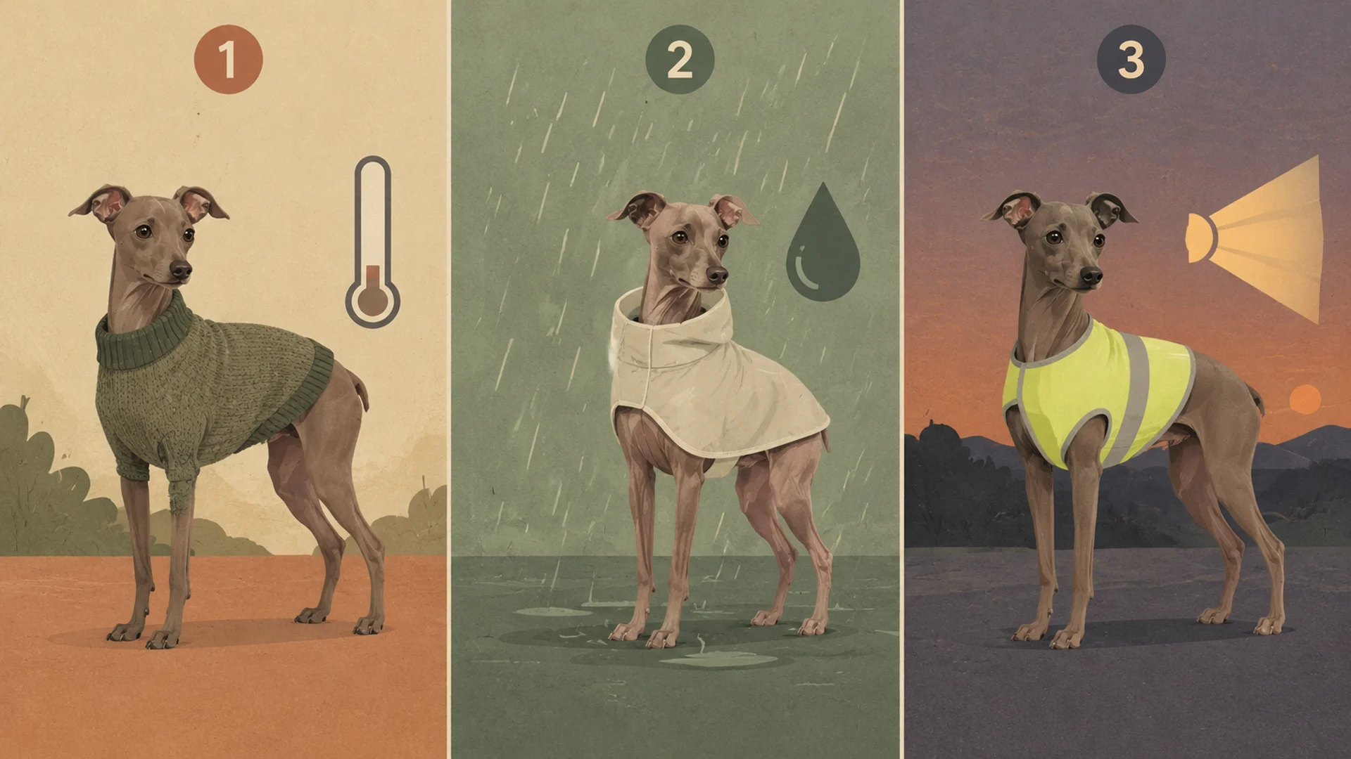Three-panel editorial diagram: panel one shows a thin-coated dog in a knit sweater beside a thermometer reading low; panel two shows the same dog in a light rain shell under falling rain beside a water droplet; panel three shows the dog at dusk in a high-visibility vest lit by a beam of headlight.