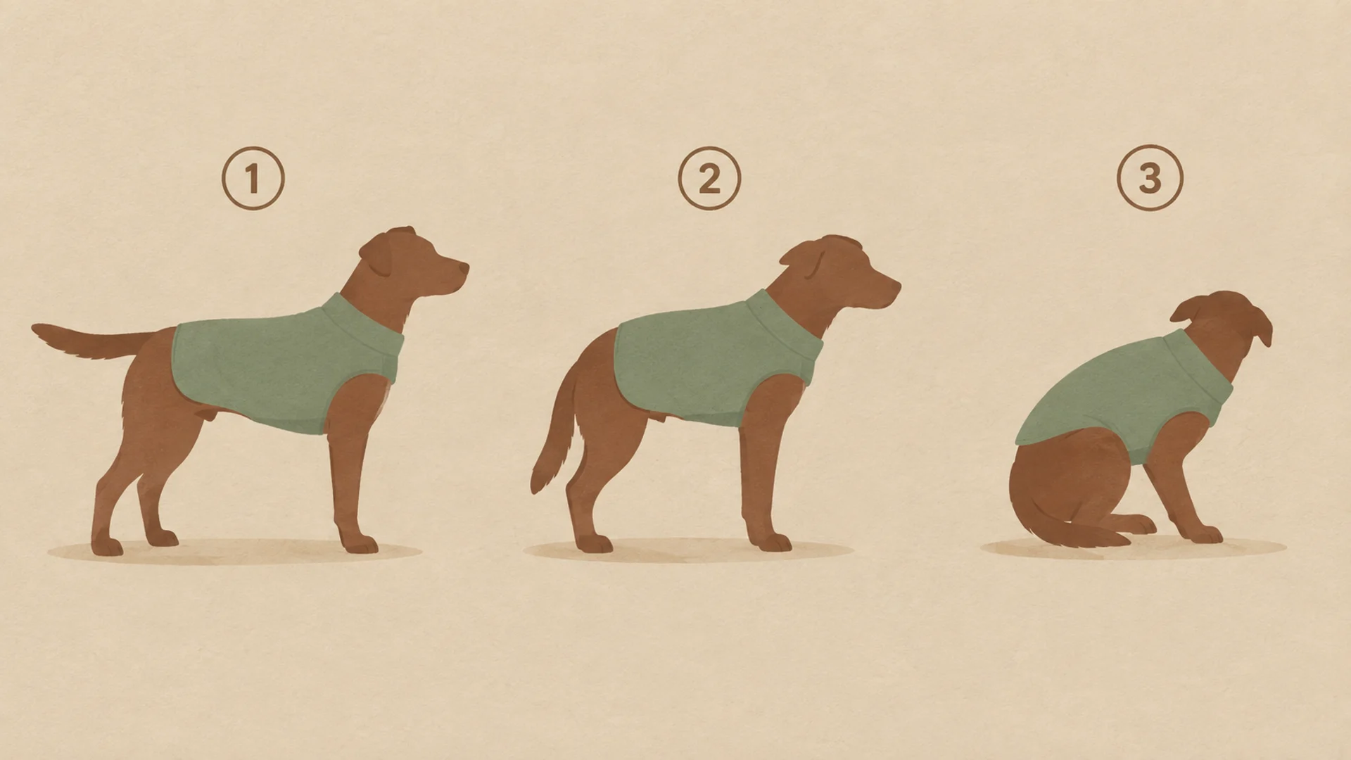 Three flat side-view dog illustrations wearing the same green coat: the first stands loose and square with tail level and ears forward, the second stands stiffly with weight shifted back and tail low, the third sits hunched with tail tucked and head turned away.