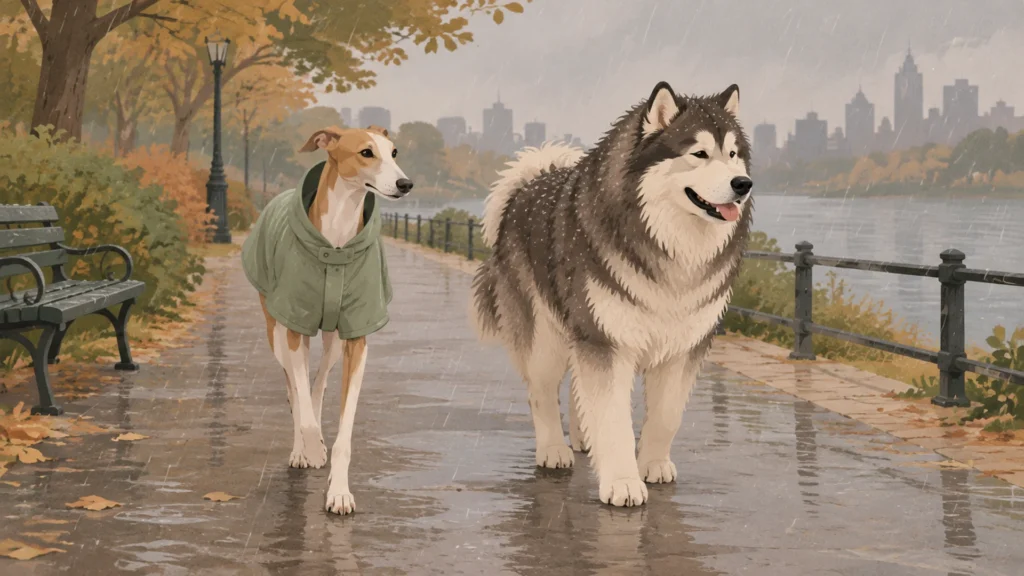Editorial illustration of a wet city park path: a slim short-haired sighthound in a plain green rain coat walks comfortably on the left while a thick double-coated northern breed dog stands bare in the same drizzle on the right, relaxed, with water beading on its outer fur.