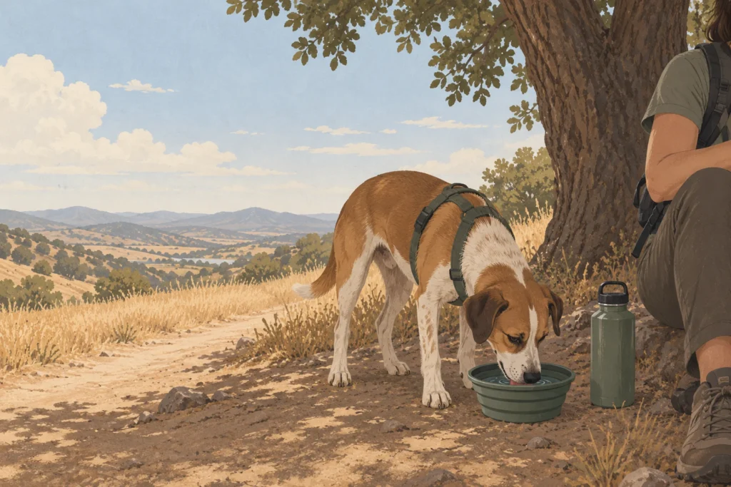 A brown and white dog drinks from a shallow collapsible bowl in the shade of a large oak beside a dry summer trail, a metal water bottle beside it and golden rolling hills in the distance.