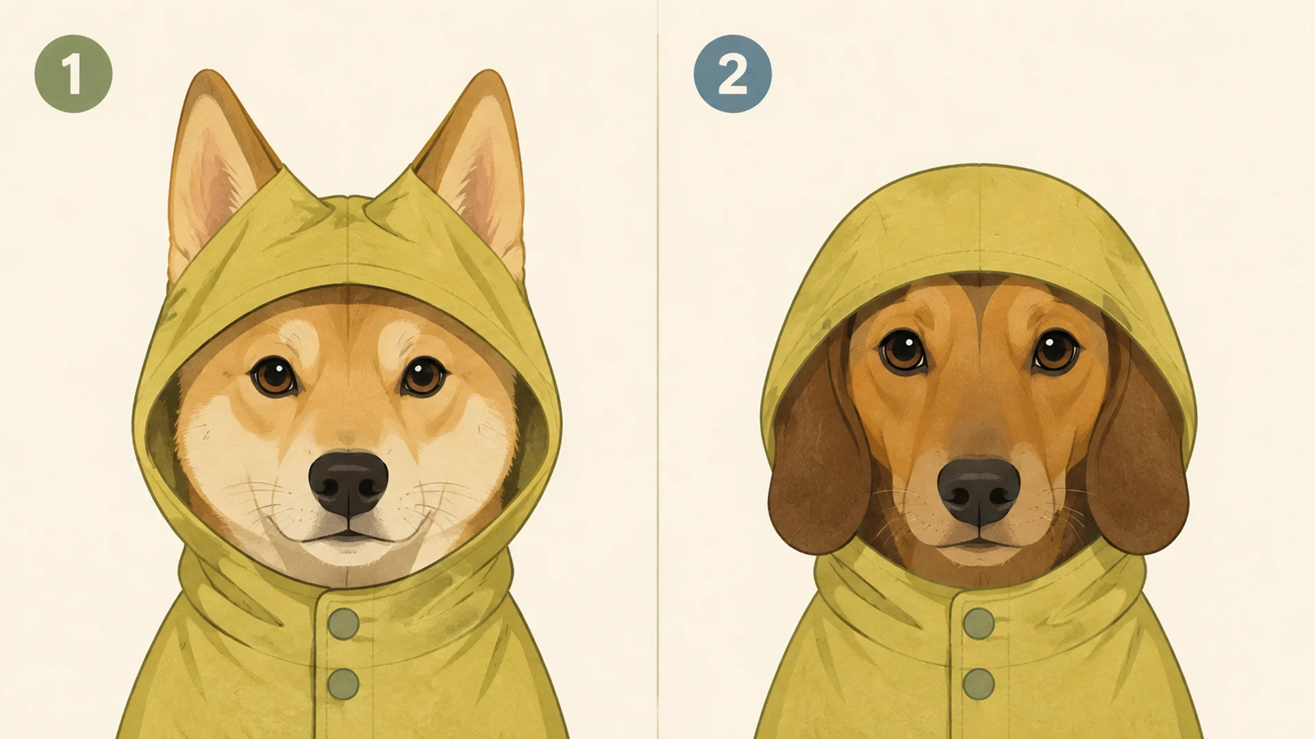 Two head-on illustrations comparing an upright-eared dog and a drop-eared dog wearing the same rain hood: the pointed ears push up and out through the fabric, while the long soft ears lie flat and fully enclosed beneath it.