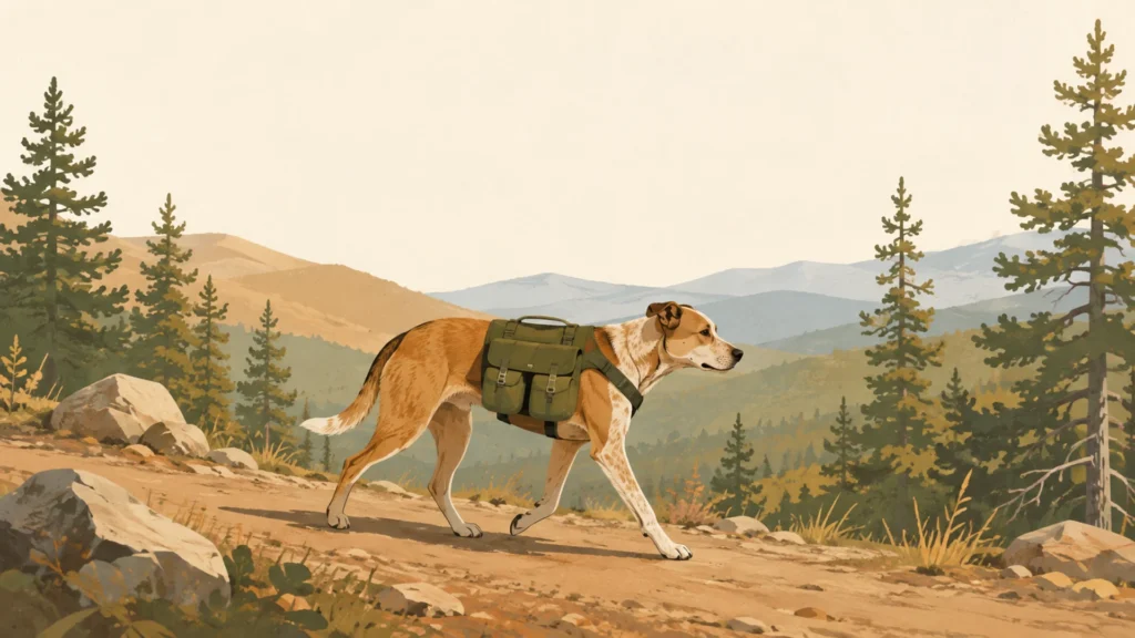 A medium-sized dog walks along a dirt trail through open pine forest wearing a moss-green hiking pack whose panniers sit low and balanced over the ribs, with layered hills behind.