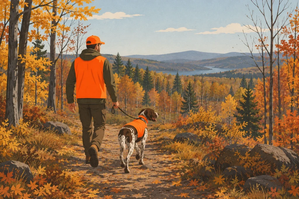 A person in a blaze-orange vest and cap walking a leashed dog that is also wearing a blaze-orange vest and collar, on an open autumn woodland trail in bright midday light.