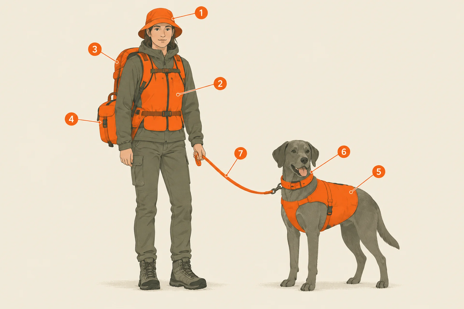 Diagram of a person and a dog side by side with blaze-orange areas filled solid and numbered: on the person, the hat, chest, upper back and pack; on the dog, the body vest over the back and sides, the collar, and the leash running between them. All other clothing is muted olive and grey.