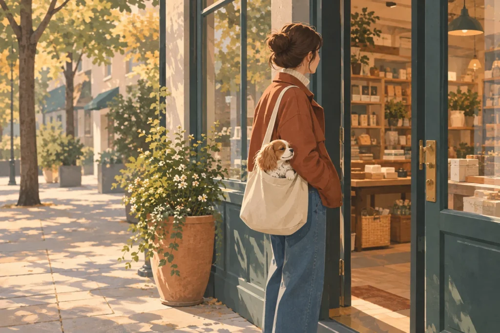 A person pauses at the open doorway of a small shop, holding a calm small dog that rides in a soft shoulder tote at their hip, deciding whether to go in.