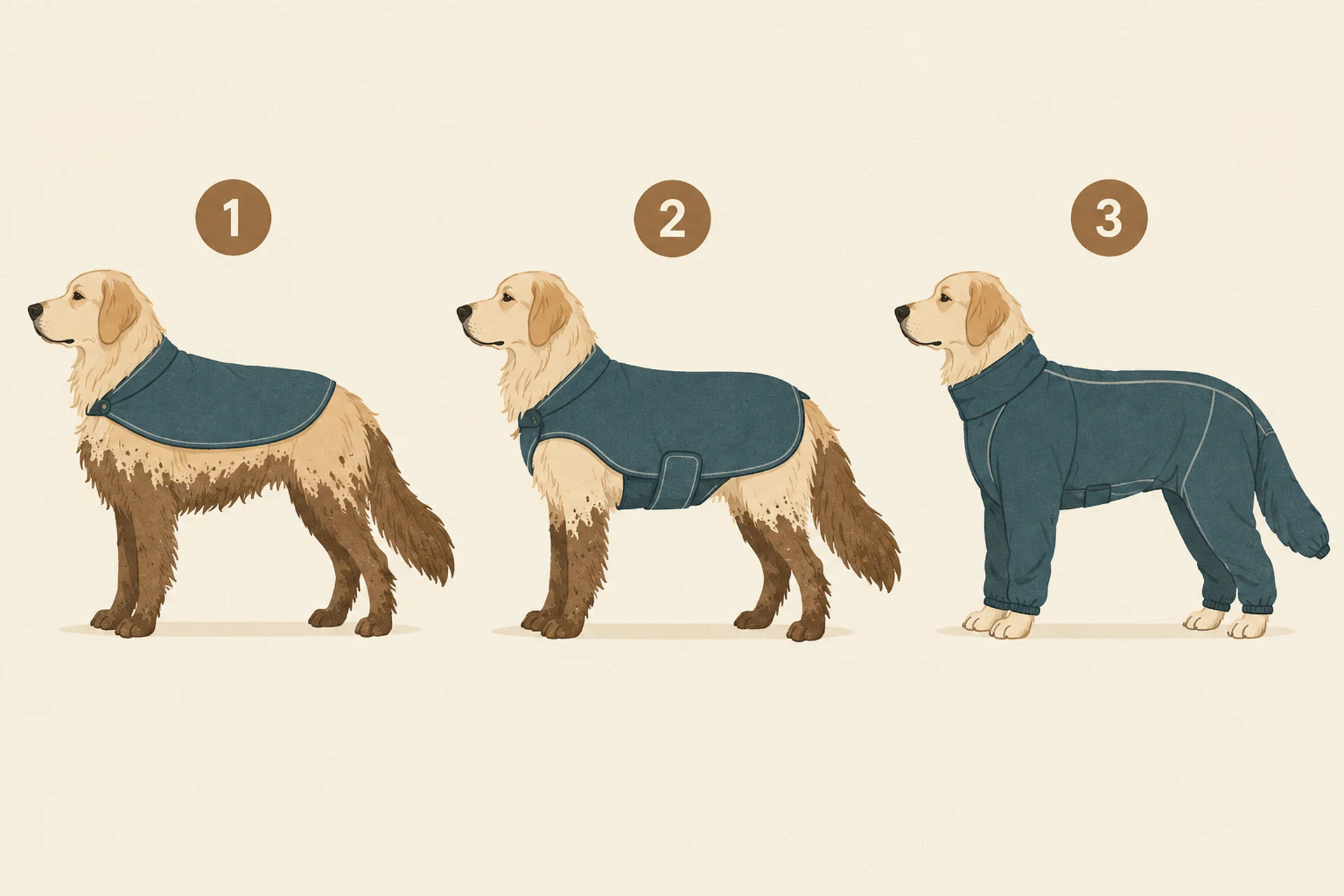 Side-view comparison of the same long-coated dog in three garments: a back-only cape leaving belly, legs, chest and tail exposed; a wrap coat leaving all four legs and the tail exposed; and a four-leg suit leaving almost nothing exposed. Exposed areas are tinted brown to show where mud lands.