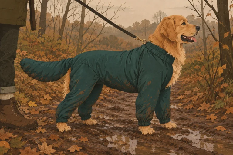 A long-coated golden retriever wearing a full-body four-leg rain suit on a churned muddy woodland path, its own coat and chest ruff still clean while the suit is splashed with mud.