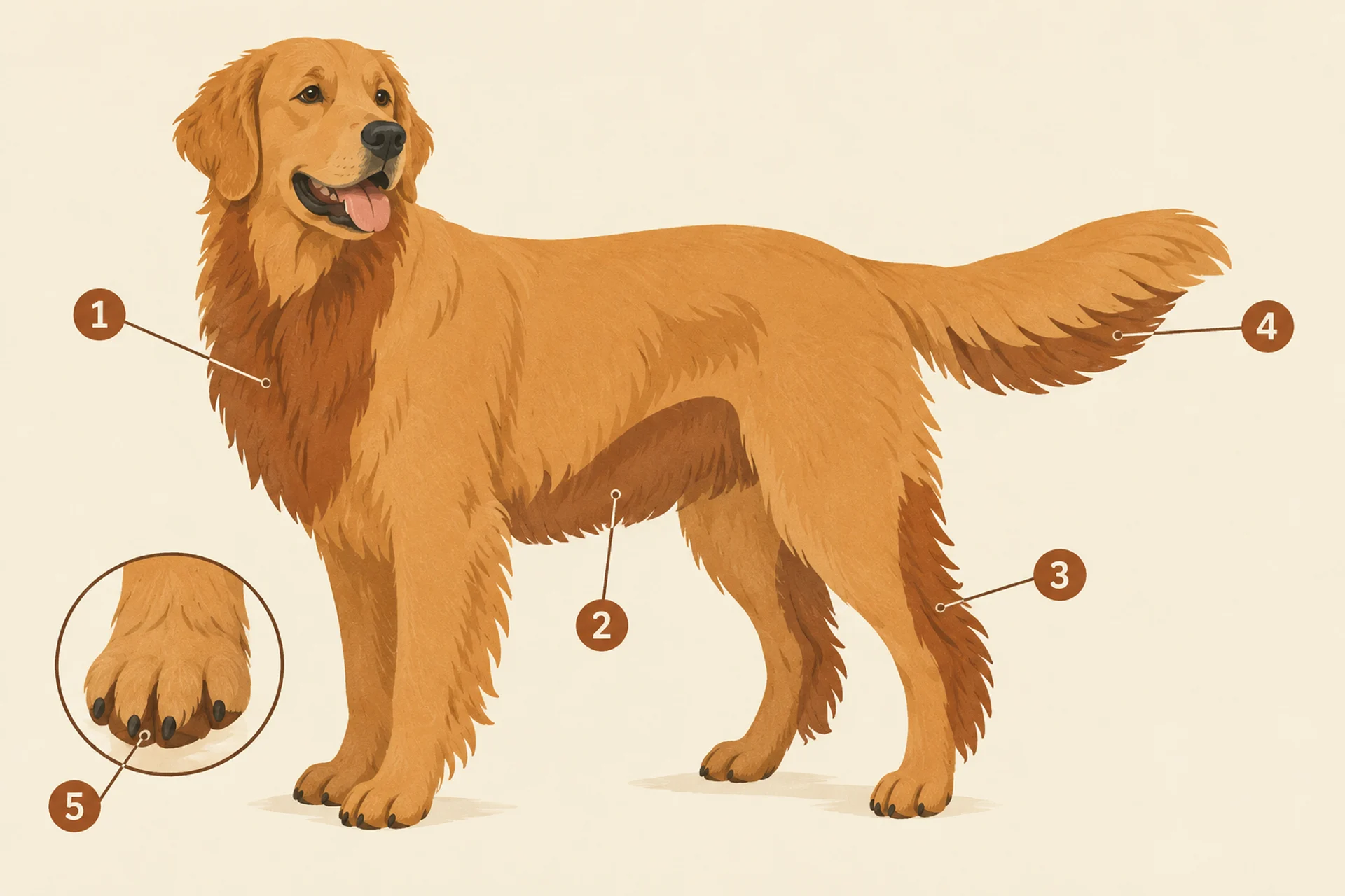 Diagram of a long-coated dog with five areas circled and numbered: the chest ruff and front of the neck, the belly and inner thighs, the feathering on the backs of the legs, the underside of the tail, and the paws with an enlarged inset showing the spaces between the toes.
