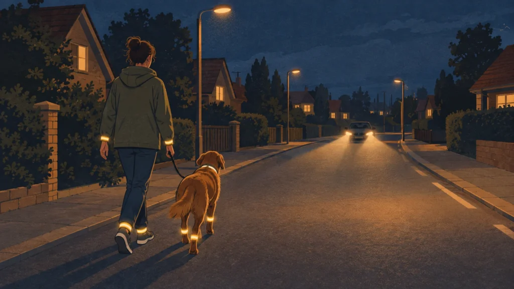 Illustration of a person walking a dog along a suburban street at night as a car approaches, with reflective bands glowing at the walkers ankles and wrists and around the dogs lower legs.