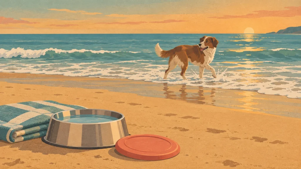 Flat editorial illustration of a beach at golden hour: a dog trots along the surf line while a full stainless water bowl, a folded towel and a flying disc sit on dry sand in the foreground