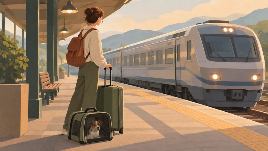Flat editorial illustration of a traveller standing on a station platform beside a rolling suitcase, with a compact mesh-fronted soft pet carrier at their feet and a small terrier looking out, as an intercity train pulls in alongside.
