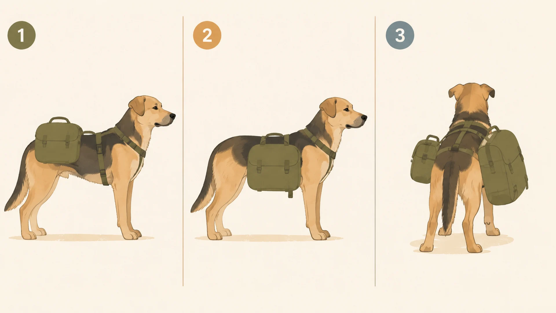 Three side-view illustrations of the same dog wearing a hiking pack: one with the panniers riding high and far back over the hips, one with them balanced low and centred over the ribs, and one with the left pannier visibly heavier than the right so the dog leans.
