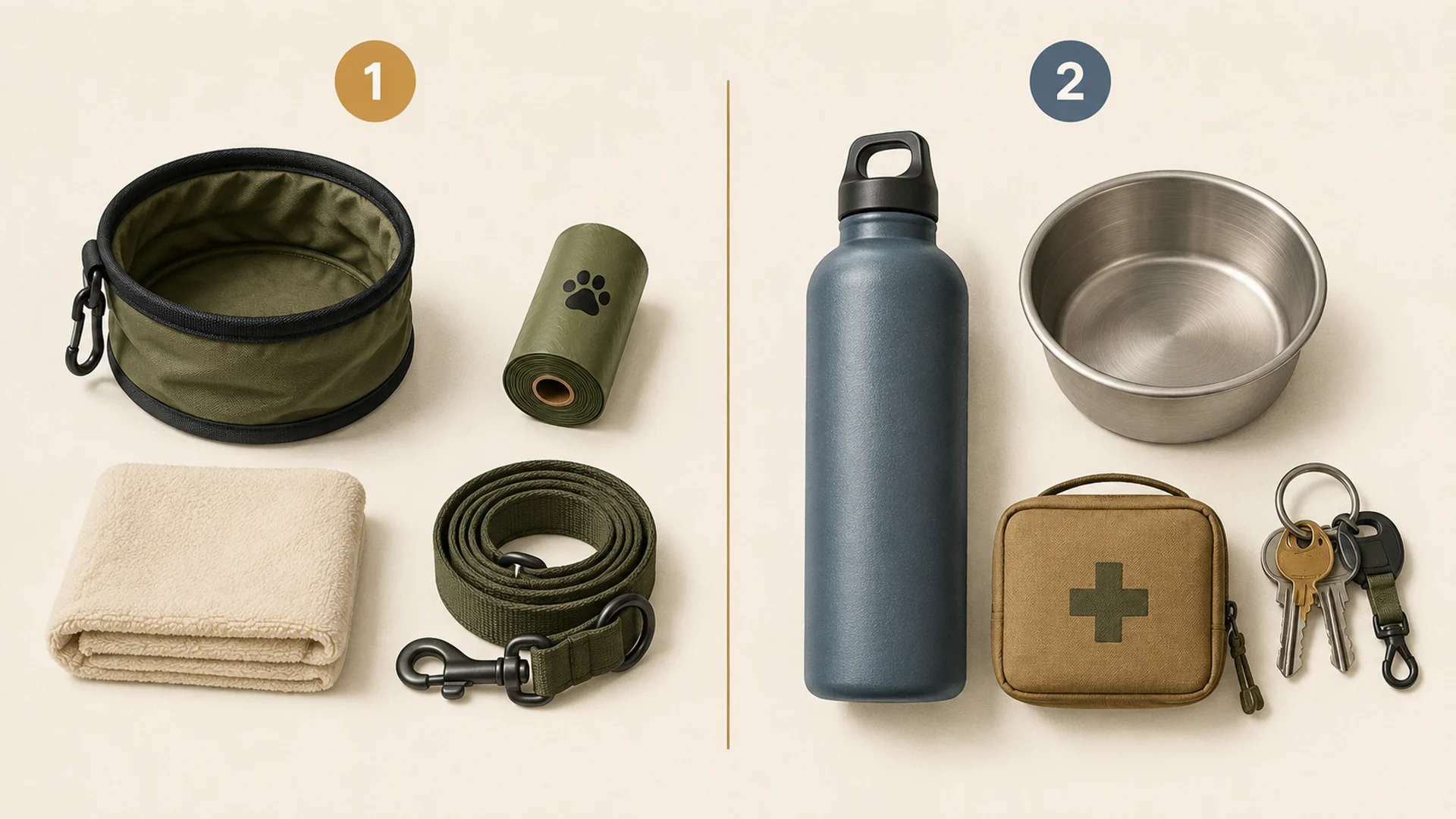 Flat-lay illustration of items sorted into two groups: on one side a collapsible bowl, waste bags, a light towel and a folded spare lead; on the other side a heavy water bottle, a metal bowl, a first aid kit and car keys marked as belonging in the human's pack.