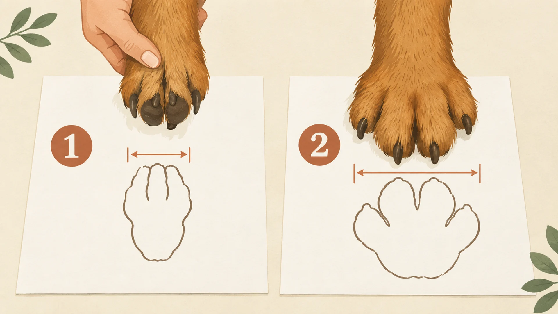 Two side-by-side tracings of the same dog paw on sheets of paper. On the left, a paw held up in the air has toes drawn close together and a narrow traced outline with a short measuring line across the widest point. On the right, the same paw pressed down flat onto the paper has toes splayed apart, a visibly wider traced outline, and a longer measuring line across the widest point. A circled number one marks the narrow lifted tracing and a circled number two marks the wider weight-bearing tracing.