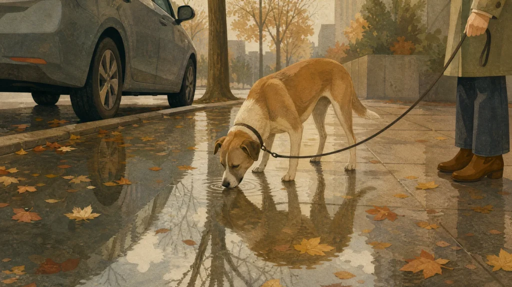 Flat editorial illustration of a dog on a leash lowering its head to drink from a wide puddle on an autumn city pavement, with a parked car at the kerb reflected in the water and fallen leaves floating on the surface.