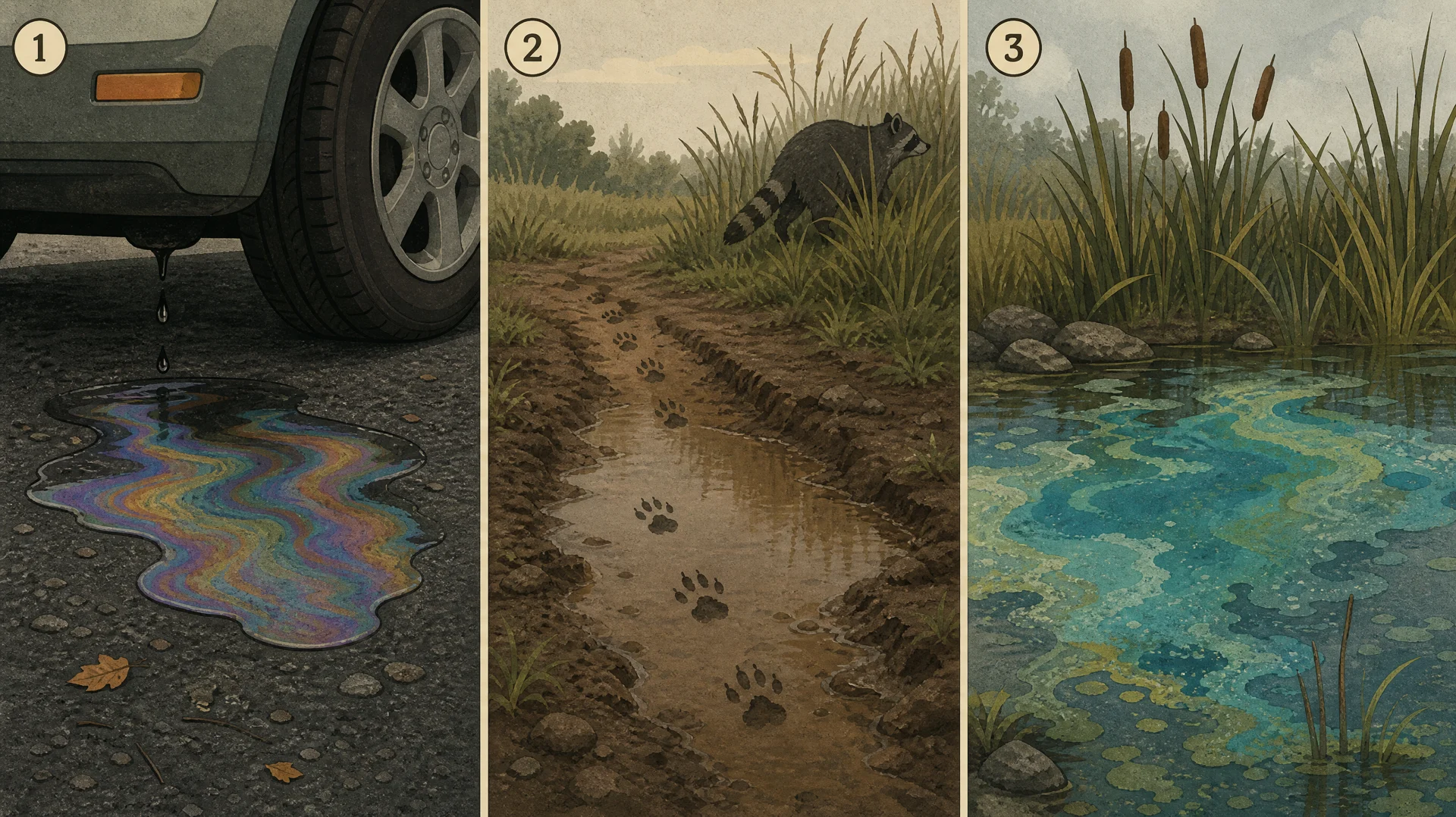 Three-panel editorial diagram of puddle types. Panel one, an oily rainbow sheen on a puddle beneath a dripping parked car on asphalt. Panel two, a muddy trail puddle with animal paw prints through it and a raccoon slipping into the grass behind. Panel three, the edge of a still pond covered in bright blue-green scum that looks like spilled paint.