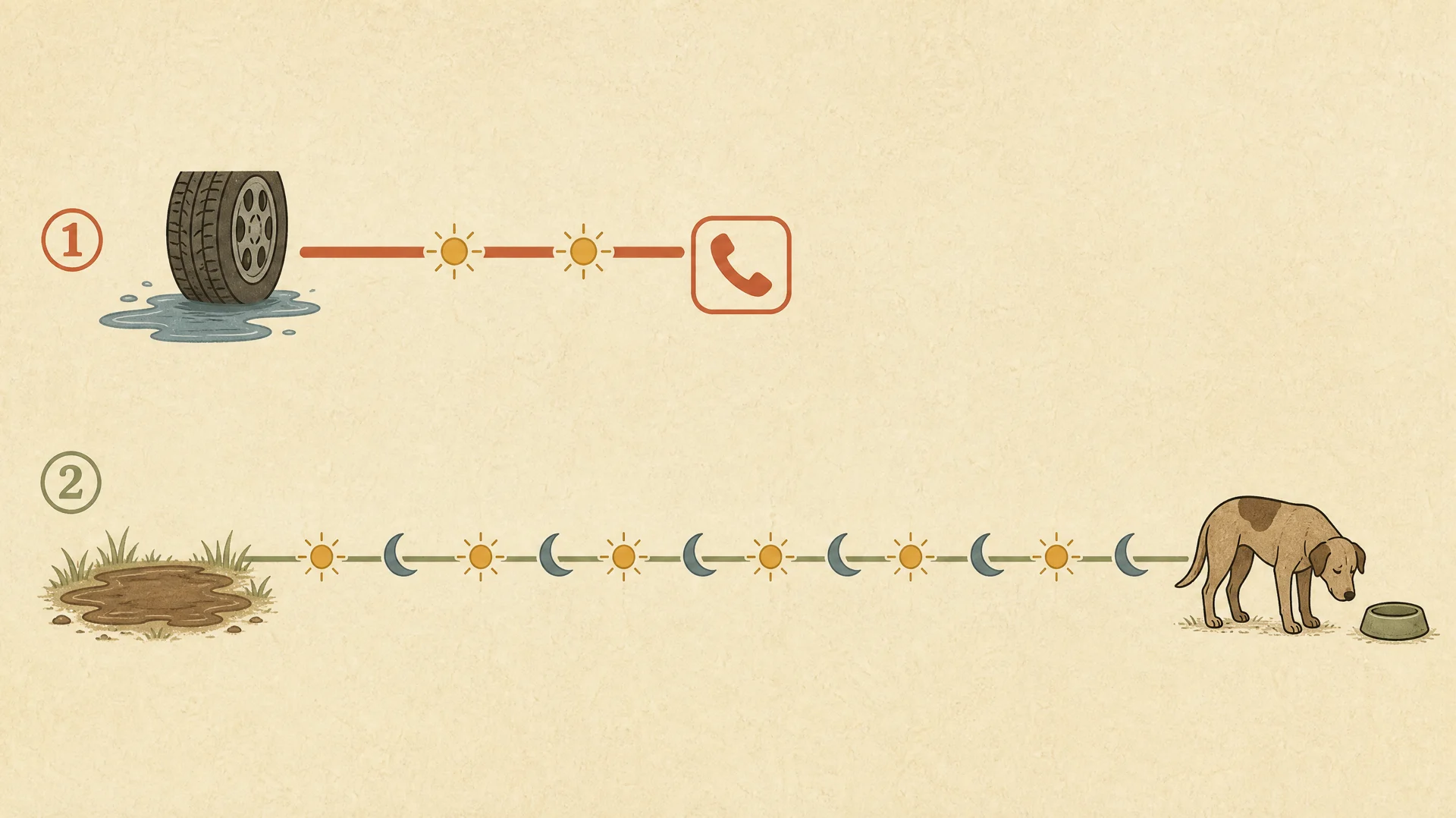 Editorial diagram of two timelines of very different length. The short upper track runs from a puddle beside a car tyre past two suns to a telephone symbol. The much longer lower track runs from a muddy puddle in grass through seven alternating suns and moons to a dog standing with its head lowered beside an untouched bowl.