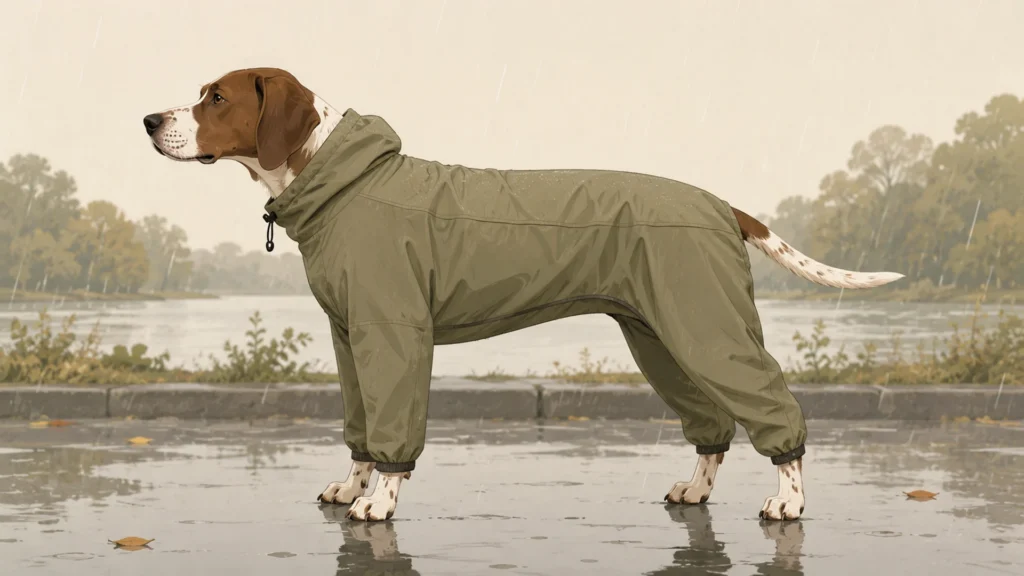 A short-haired dog stands in profile on wet pavement in light rain, wearing a full-body four-leg rain suit with all four sleeves down to the ankles, so the continuous hem line along the underside of the belly is clearly visible.
