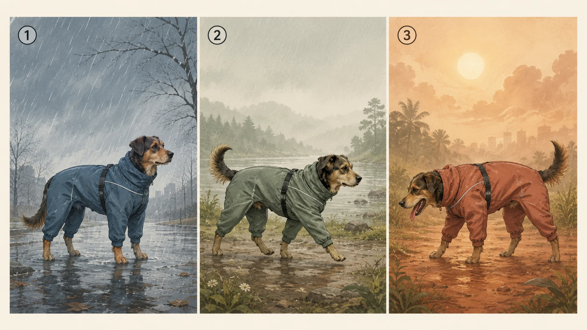 Three side-by-side panels showing the same dog in a rain suit in different weather: cold driving rain with the dog standing relaxed, cool misty drizzle with the dog walking calmly, and hot hazy sun with the dog panting hard and its head lowered.