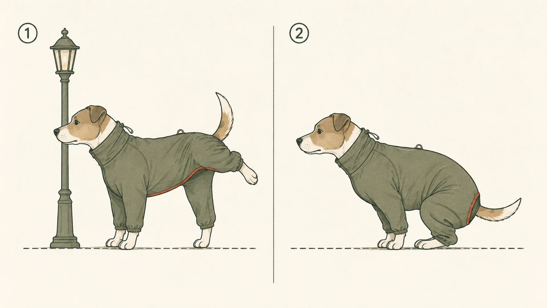 Two panels showing the same dog in a full-body rain suit: on the left it stands beside a lamp post with one hind leg lifted and the mid-belly hem highlighted, on the right it crouches low with the rear hem near the tail highlighted.