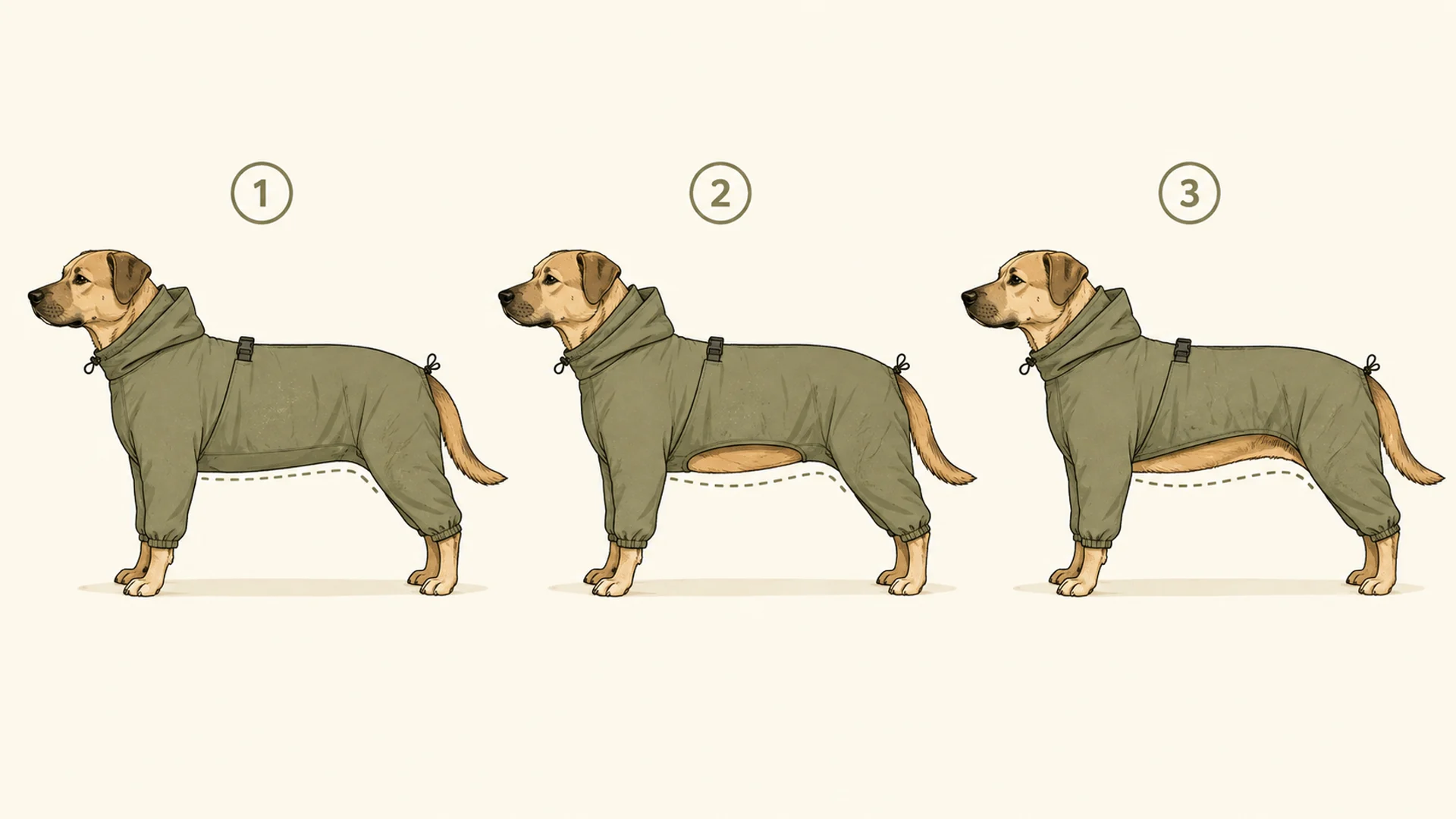 Three side-by-side illustrations of the same dog in the same rain suit with three different underside cuts: one fully closed belly panel, one with an oval opening in the middle of the underside, and one where the underside fabric stops short and high leaving the whole undercarriage bare.
