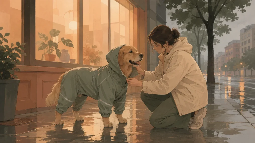 A person kneels on a wet city sidewalk beside a golden retriever wearing a full-body rain suit with the hood up, opening the collar of the suit to check the dog while the dog stands panting.