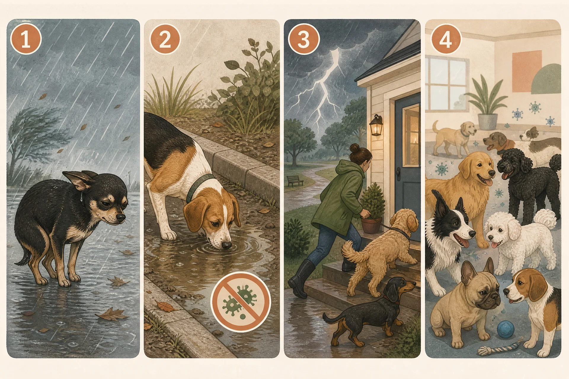 Four-panel editorial illustration of what actually makes dogs sick in rainy weather: a tiny short-haired dog hunched in cold wind and rain; a dog nose-down at a muddy kerbside puddle with a crossed-out symbol; a lightning bolt over a park while a person and dog hurry indoors; and a crowded daycare room where several dogs stand close together.