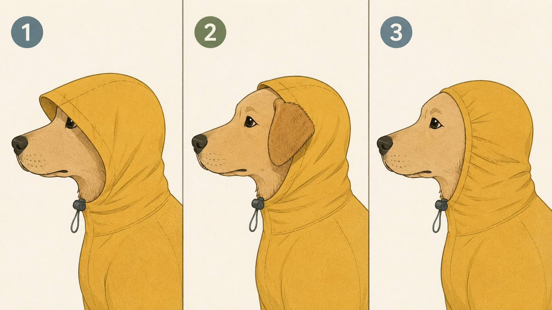 Three side-view illustrations of the same dog wearing the same rain hood at three different positions: pulled forward so the brim overhangs the eyes, seated correctly behind the eyes with both ear openings clear, and dragged back so the fabric presses both ears flat against the skull.