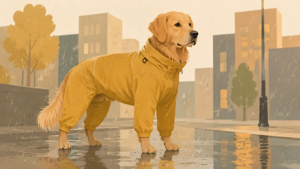 A golden retriever stands on a wet city street in light rain wearing a fitted ochre full-body rain suit with the hood folded down flat against the shoulders so both ears and the whole head are uncovered.