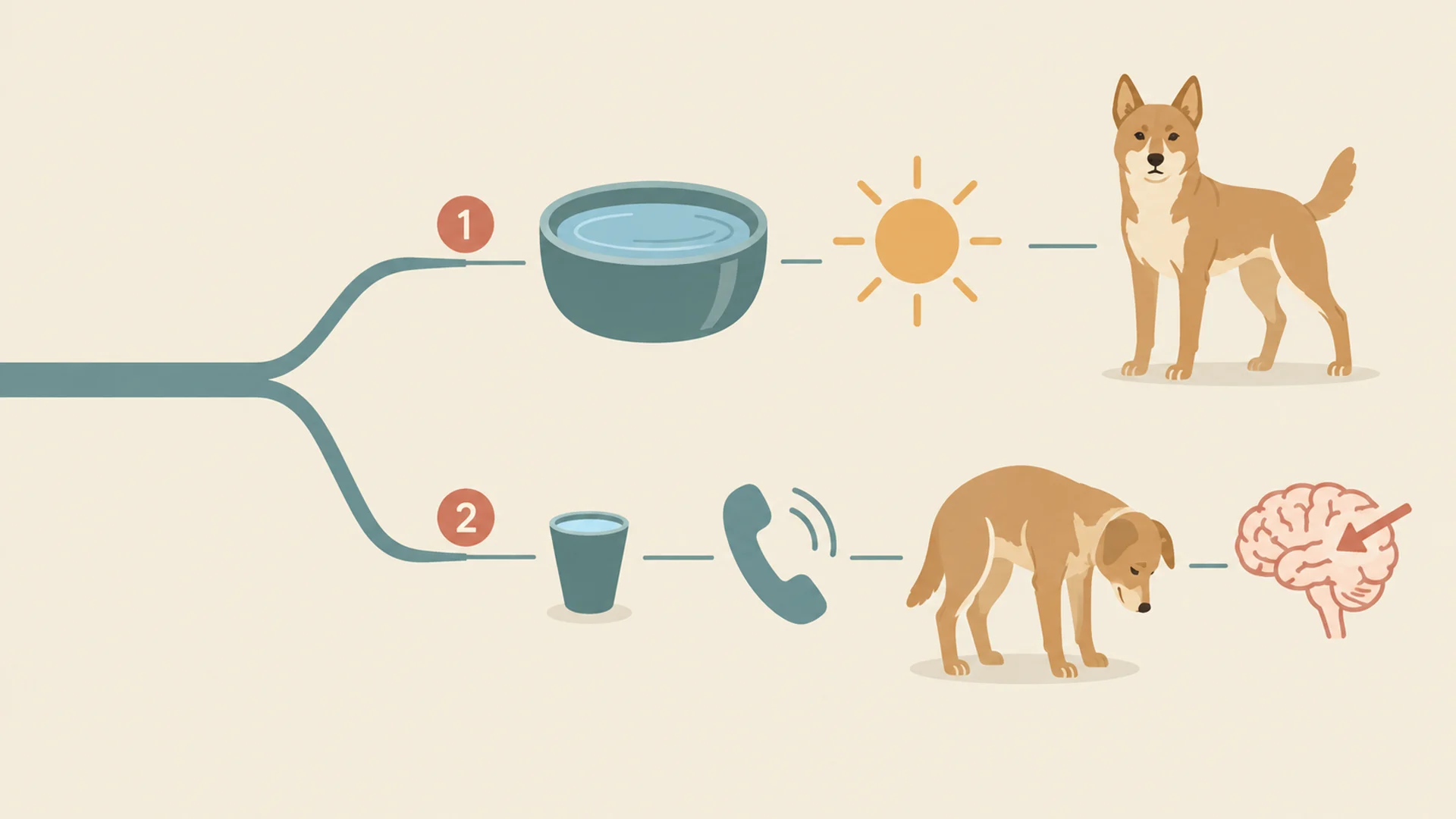 Flat editorial diagram with a single path splitting into two branches. The upper branch, labelled with a circled 1, shows a full water bowl beside a sun and a dog standing steadily. The lower branch, labelled with a circled 2, shows a small cup beside a telephone handset and a dog with lowered head, with a brain icon marked by an inward arrow.
