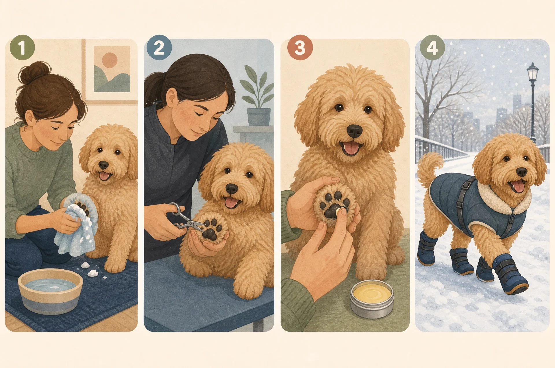 Four-panel instructional illustration with the same fluffy tan dog in each panel: one, a person holding a warm damp washcloth around the dog's paw to melt snow clumps, with a bowl of warm water beside them; two, a person carefully trimming the fur between the dog's paw pads with small round-tipped scissors; three, a person rubbing balm from a small tin onto the dog's paw pads; four, the dog walking happily through a snowy park wearing four snug boots and a padded winter coat.