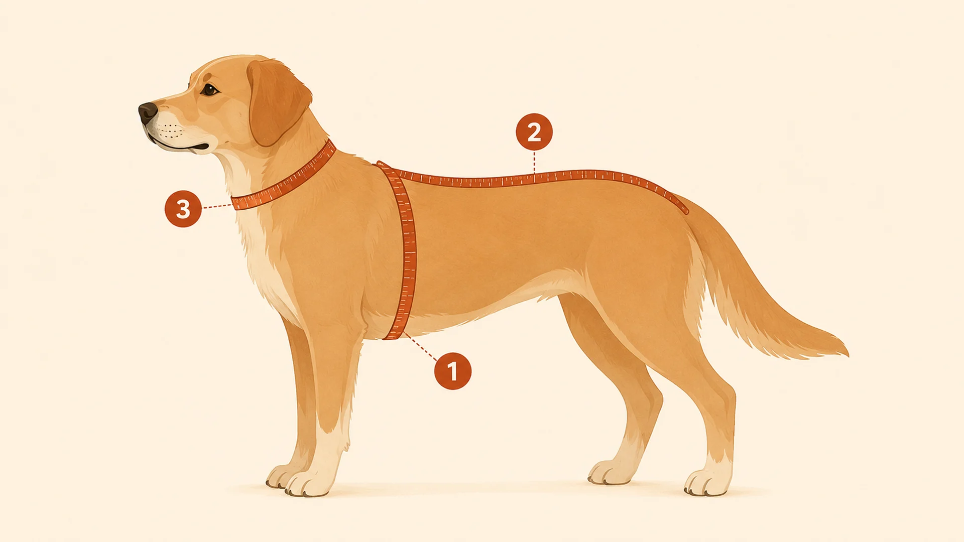 Side-view illustration of a standing dog with three measuring tapes marked by circled numbers: tape 1 wrapped around the widest part of the rib cage just behind the front legs for chest girth, tape 2 running along the top of the spine from the base of the neck to the base of the tail for back length, and tape 3 around the base of the neck where a collar would sit for neck girth.
