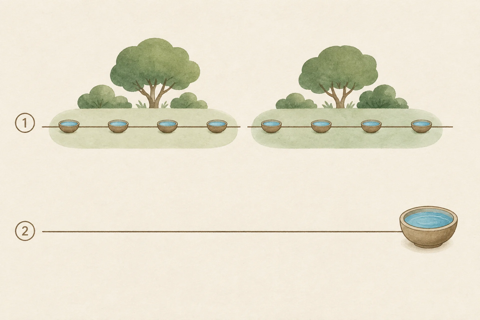 Two timelines drawn one above the other. The upper one, marked one, carries eight small filled water bowls spaced evenly along it in two groups, each group sitting inside a shaded green block under tree canopies. The lower one, marked two, is a bare line with nothing on it until a single large filled bowl at its far right end.