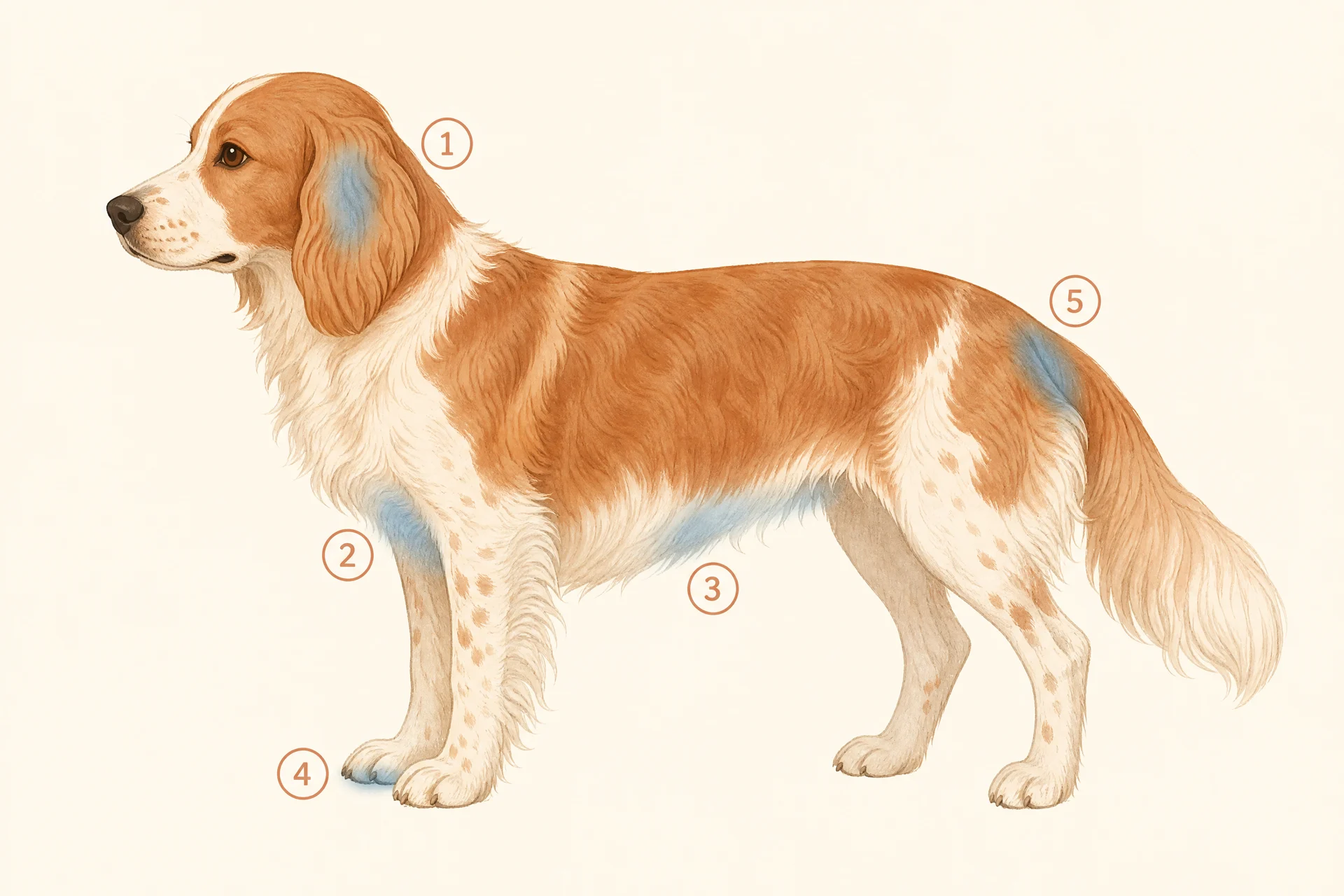 Side-view diagram of a standing long-coated dog with five softly tinted zones marked by circled numbers: one on the underside of a floppy ear, two in the armpit behind the front leg, three along the underside of the belly, four between the toes of a front paw, and five at the base of the tail and hindquarters.