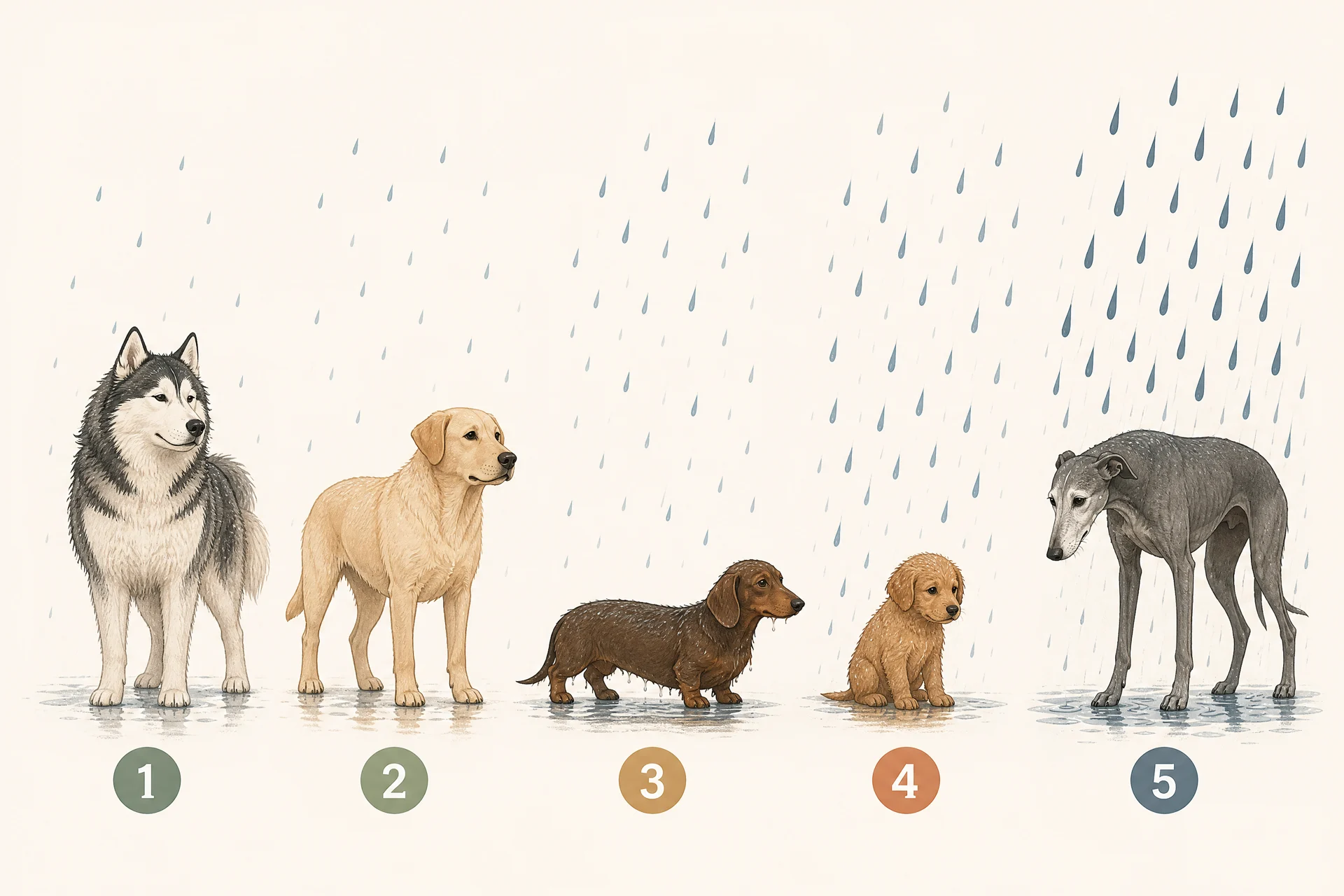 Lineup of five dogs in rain from left to right: a thick-coated husky-type dog relaxed in drizzle, a medium Labrador-type dog, a long short-legged dachshund-type dog whose wet belly nearly touches the ground, a small puppy, and a thin short-coated senior greyhound-type dog with a grey muzzle, slightly hunched, under heavier rain.