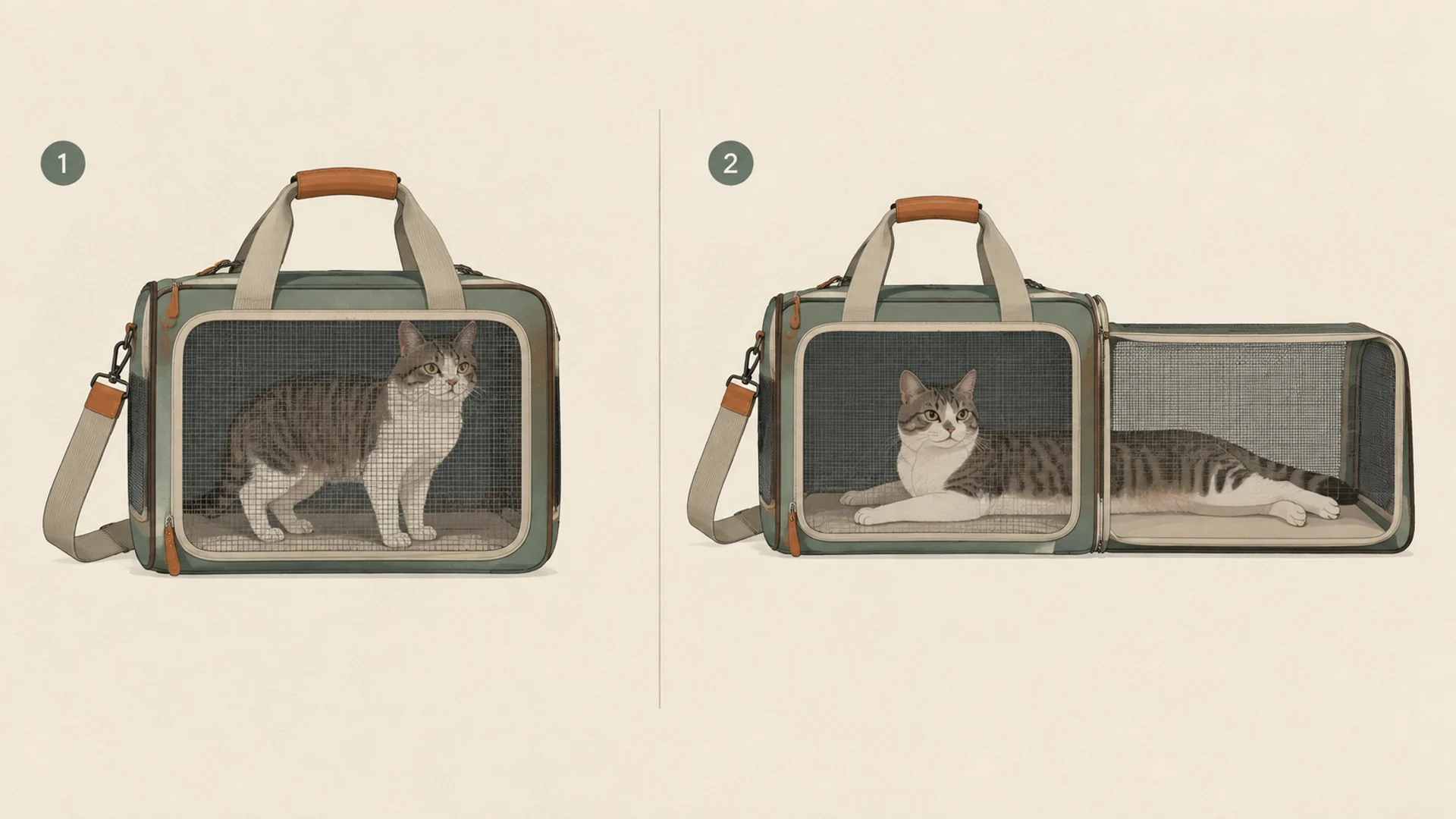 Side-by-side flat illustration of one expandable pet carrier in two states: on the left the bag zipped closed into a compact rectangle with a cat standing inside, head clear of the roof; on the right the same bag with a mesh side pod unzipped and extended, the cat stretched out full length across the added floor area.