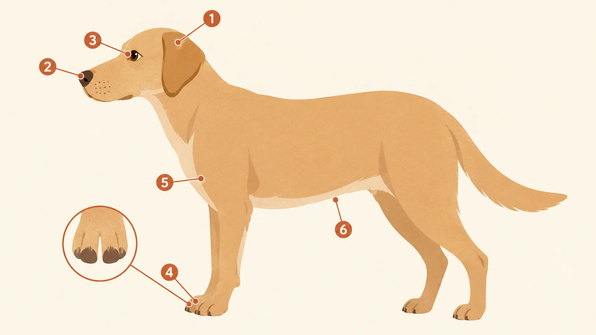 Side profile of a standing tan dog with six numbered markers on the places to check after a walk: the ear, the nose and muzzle, the eye, between the toes shown in a magnified inset, the armpit where the front leg meets the chest, and the lower belly near the groin.