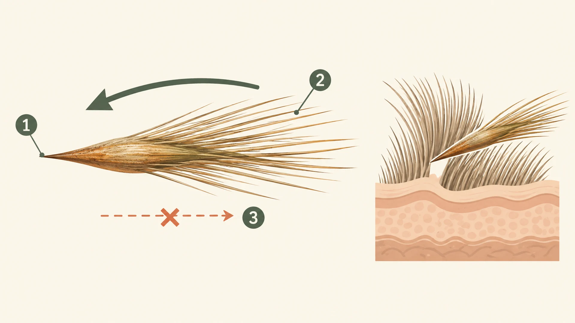 Diagram of a dried grass seed awn magnified in side view: a sharp point at one end, stiff bristles all angled back toward the other end, a solid arrow showing it travels point-first, a crossed-out dashed arrow showing it cannot reverse, and a cutaway of fur and skin where the point is entering.