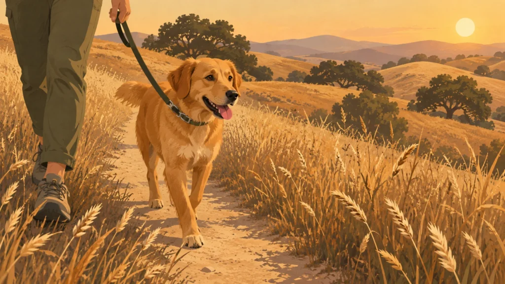 A leashed golden-coated dog walks a narrow dirt path along a dry late-summer California hillside, with tall straw-coloured grass gone to seed crowding both edges of the path right beside the dog paws.