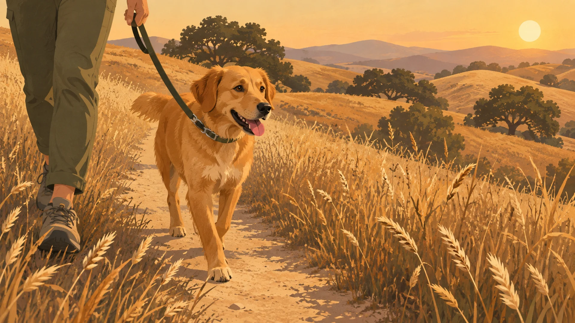A leashed golden-coated dog walks a narrow dirt path along a dry late-summer California hillside, with tall straw-coloured grass gone to seed crowding both edges of the path right beside the dog's paws.