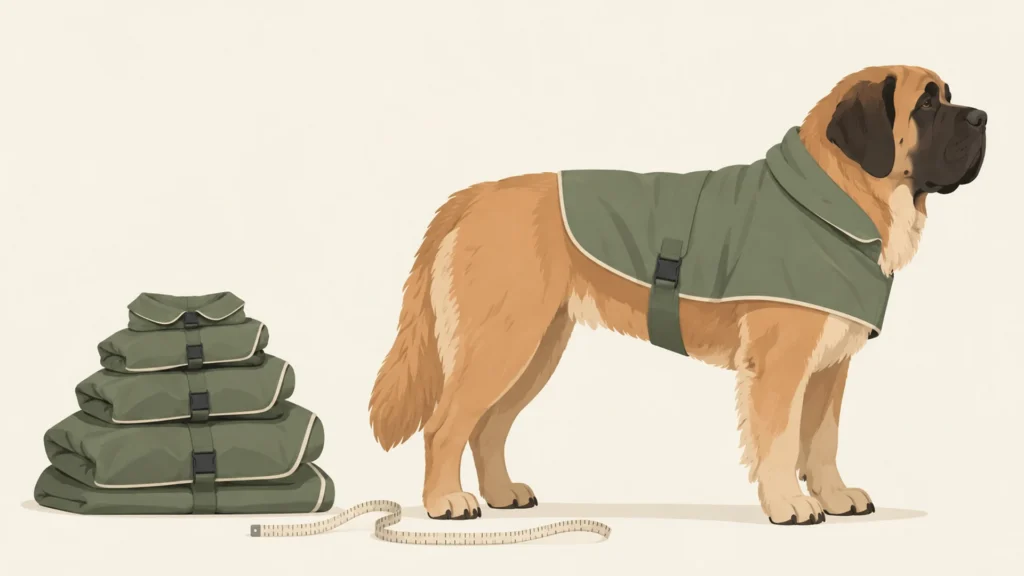 A very large heavy-coated dog wearing a rain coat that ends well before its hindquarters, standing beside a stack of folded coats in graduated sizes with a tape measure on the ground.
