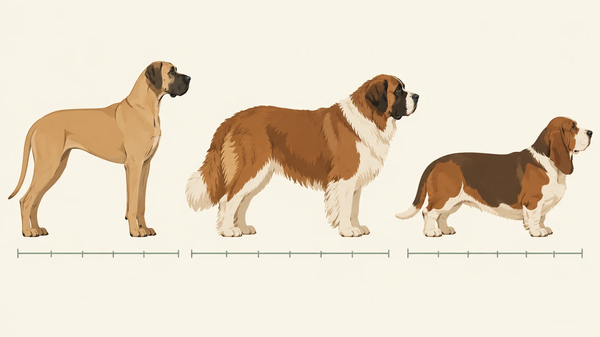 Editorial illustration of three large dogs standing in a row, each above its own horizontal measuring scale: on the left a tall square-proportioned smooth-coated dog whose body length roughly equals its shoulder height, in the middle a heavy shaggy-coated dog that is clearly longer than it is tall, and on the right a stocky long-bodied dog carried on very short legs so its chest sits close to the ground.
