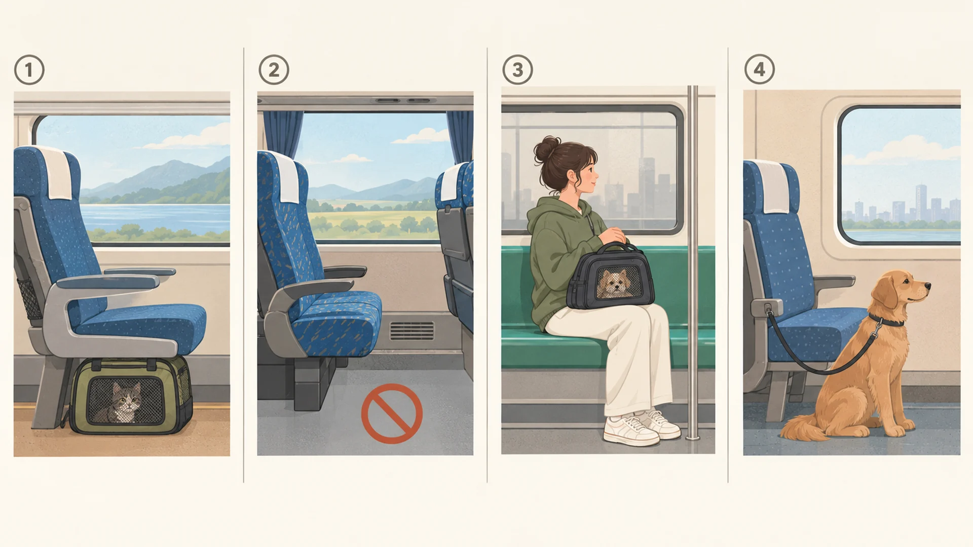 Flat editorial illustration comparing four ground transport options for a pet: an intercity train carriage with a small carrier tucked under a seat, an intercity coach bus marked with a closed circle for pets, a subway car with a soft bag on a passenger's lap, and a commuter rail carriage with a leashed dog beside a seat.