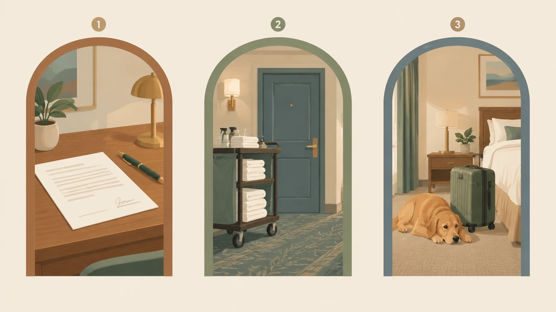 Flat editorial illustration of three gates a dog owner must pass before leaving a dog alone in a hotel room, drawn as three doorways in a row: the first marked with a circled 1 showing a signed pet policy document, the second marked with a circled 2 showing a housekeeping cart outside a closed guestroom door, and the third marked with a circled 3 showing a dog lying calmly on a hotel room floor beside a closed suitcase.
