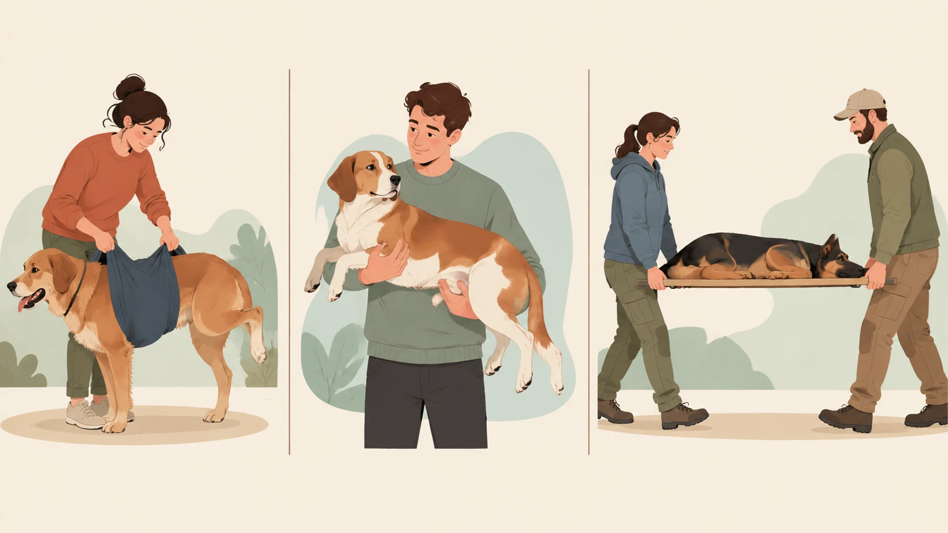 Flat editorial illustration of a decision path for moving an injured dog on a trail, shown as three panels: a dog standing on three legs supported by a jacket slung under the belly, a medium dog lifted against a person's chest with one arm under the chest and one under the hindquarters, and a large dog lying still on a flat improvised board carried by two people.