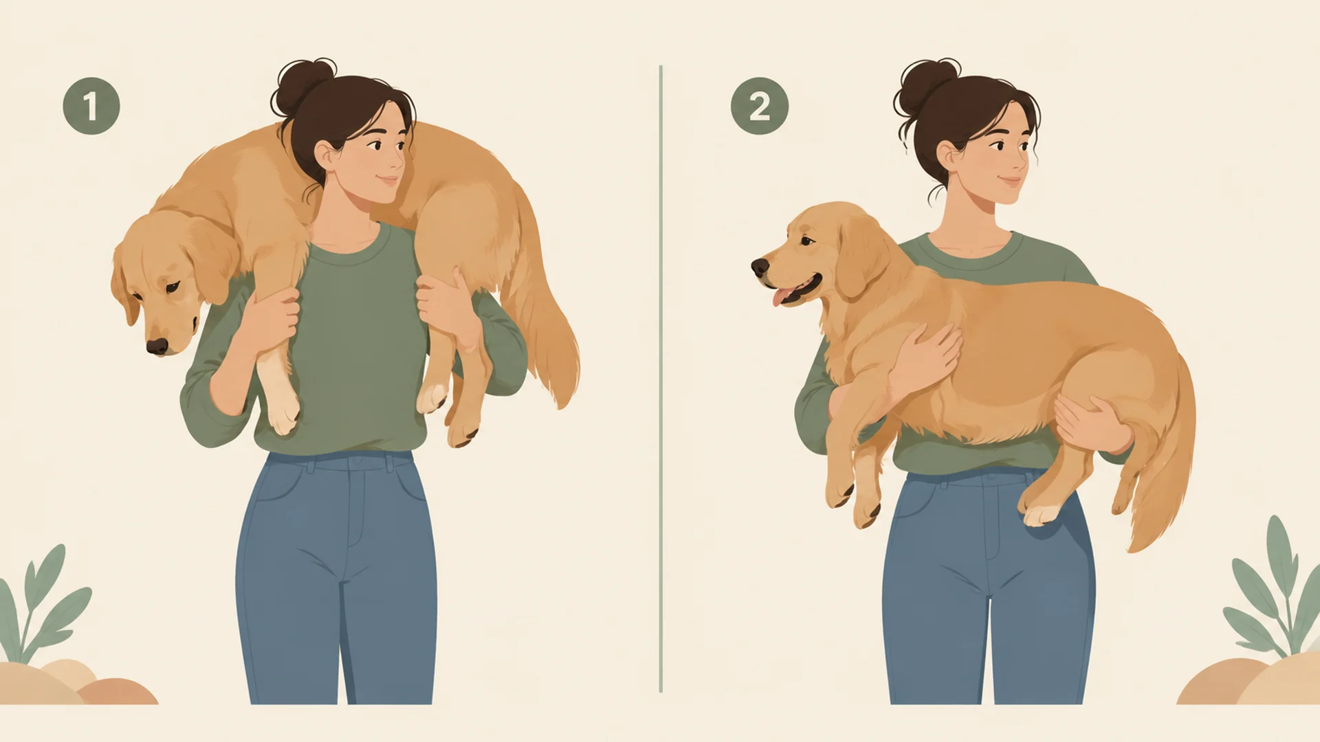 Flat editorial illustration comparing two ways to carry an injured dog, shown side by side. On the left, a dog draped across a person's shoulders with the head hanging low and the neck folded, marked with a circled 1. On the right, the same dog held against the person's chest with one forearm under the chest and one under the hindquarters, spine level, marked with a circled 2.