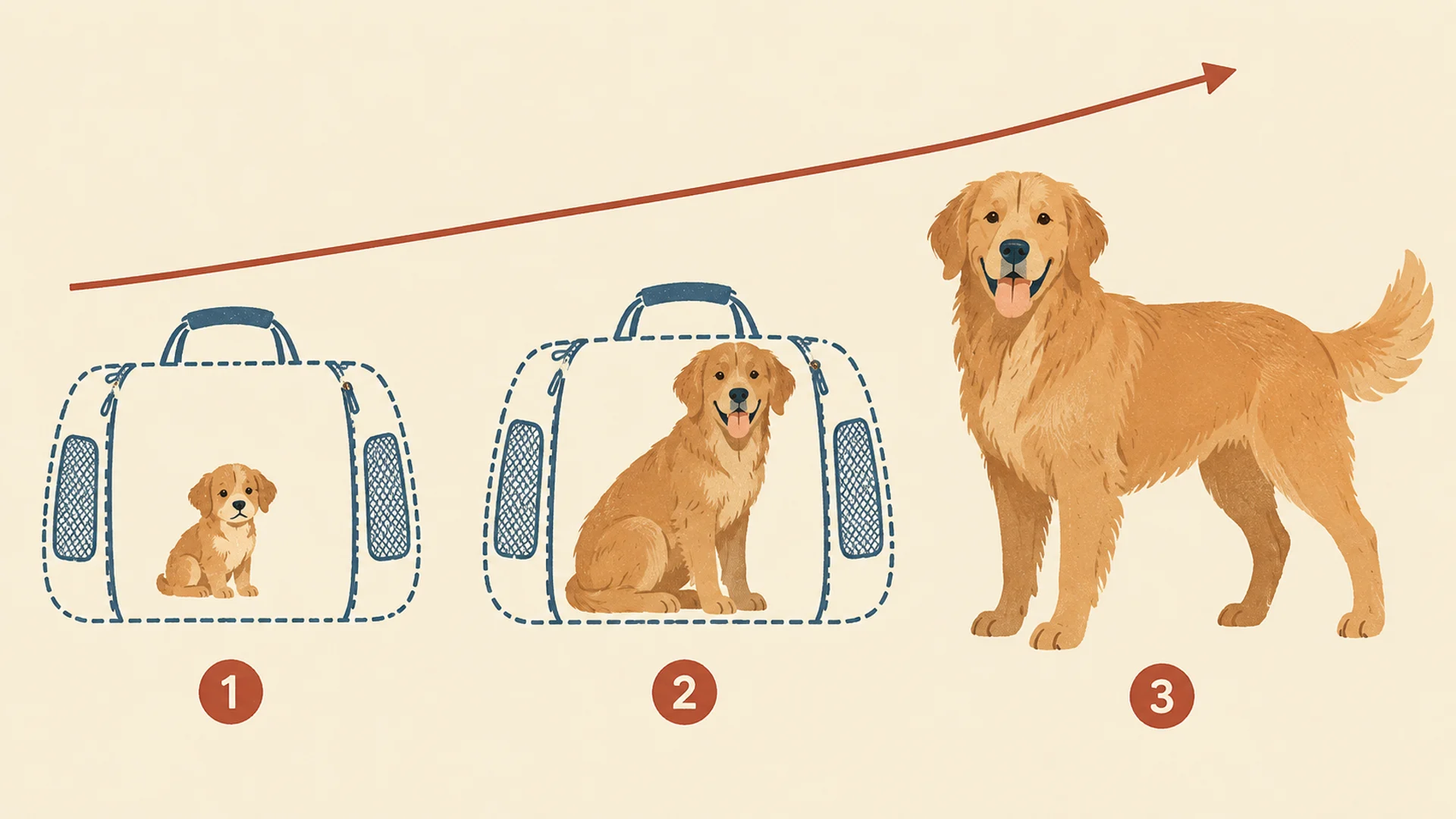 Illustration of the same soft-sided carrier outline drawn three times at identical size. A small puppy fills a third of the first; an adolescent dog nearly fills the second; a full-grown golden retriever stands outside the third, clearly far larger than the carrier. A rising curve arcs above the three stages.