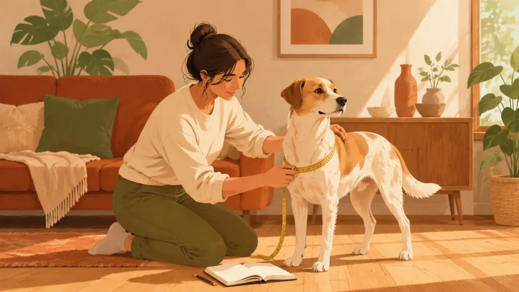A person kneeling on a living room floor gently holding a soft tape measure around the chest of a calm standing dog, with a notebook and pencil on the floor nearby.