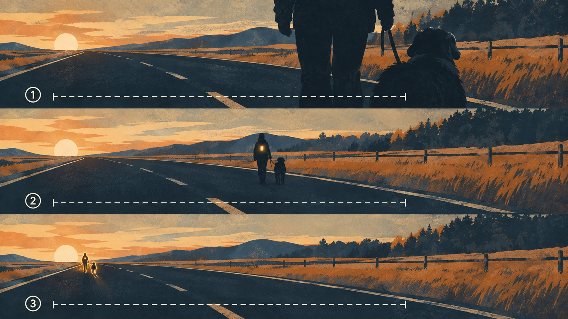 Three stacked illustrations of the same dark road from a driver's viewpoint. In the top band a walker and dog in dark clothing are almost on top of the viewer before they resolve. In the middle band a single glowing patch on the torso makes them readable at mid-distance. In the bottom band glowing marks tracing the moving limbs make the pair readable far down the road.