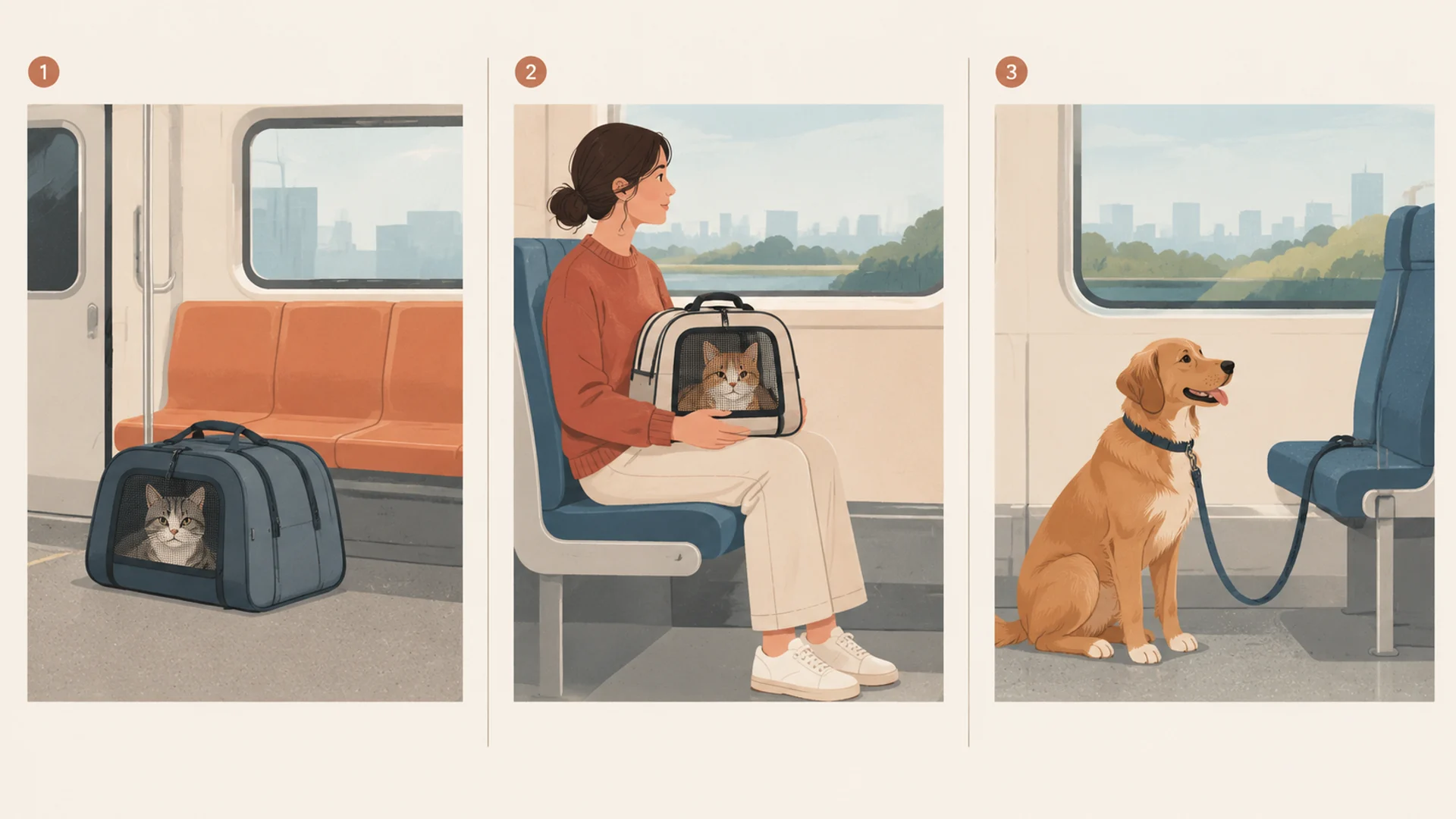 Flat editorial illustration of three rail and subway cars belonging to one transit agency, each showing a different pet rule: a subway car where a cat sits inside a zipped soft bag, a commuter train where a small carrier rests on a passenger's lap, and a second commuter train where a medium dog sits leashed on the floor beside a seat.